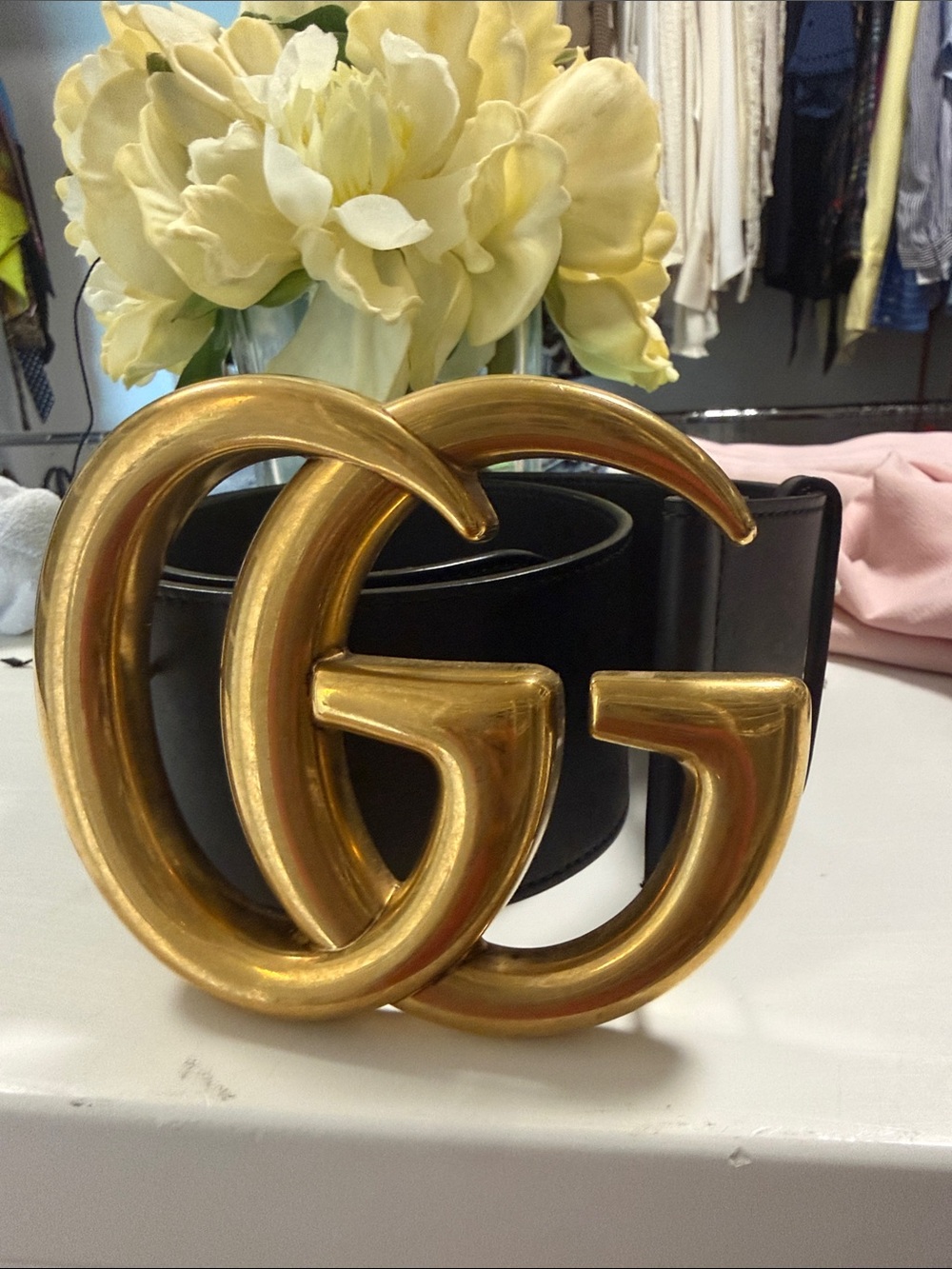 Gucci Black Leather Belt with Gold Double G Buckle